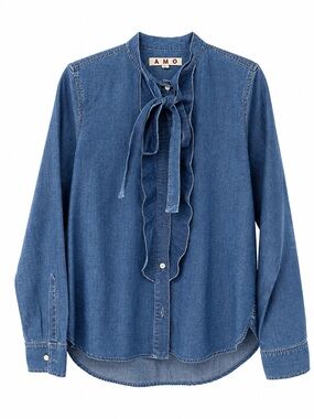 AMO Chambray Ruffle Tie Neck Blouse Size Small